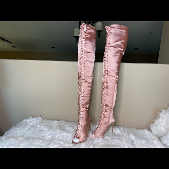 pink satin thigh high boots
